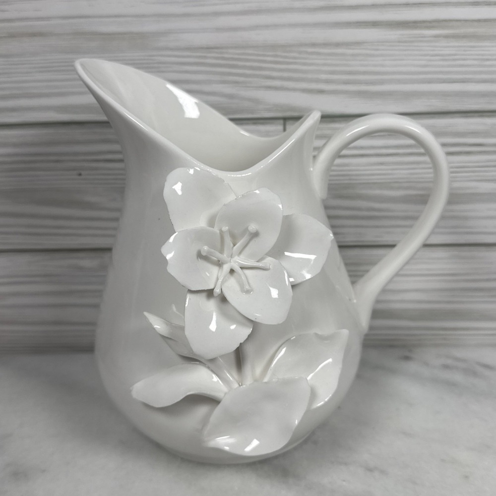 Antique Reflections Vintage Porcelain Creamer Pitcher White 3d appliqué Flower